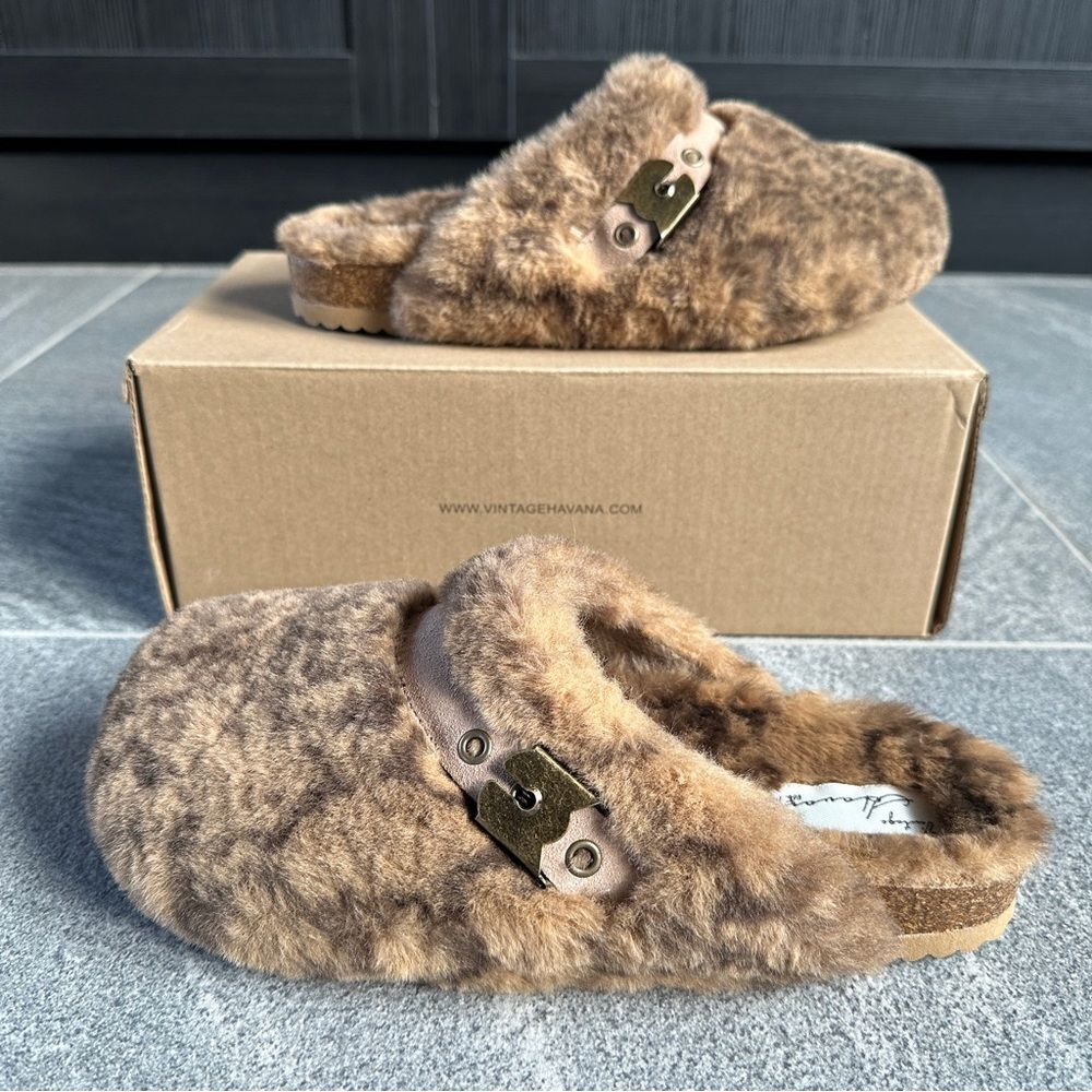 NWB Vintage Havana "Easy" Faux Fur Slipper in Brown Snake Women's 7 Cork Slides - Picture 2 of 12